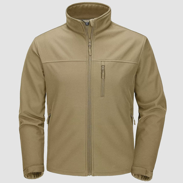 Men's fleece lined softshell jacket in Khaki, front view