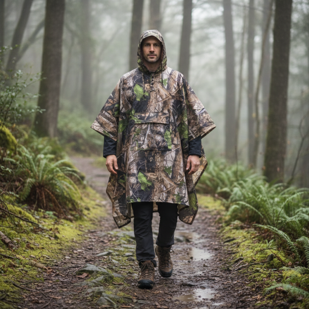 Hooded Camouflage Rain Poncho – Water-Resistant Outdoor Windbreaker