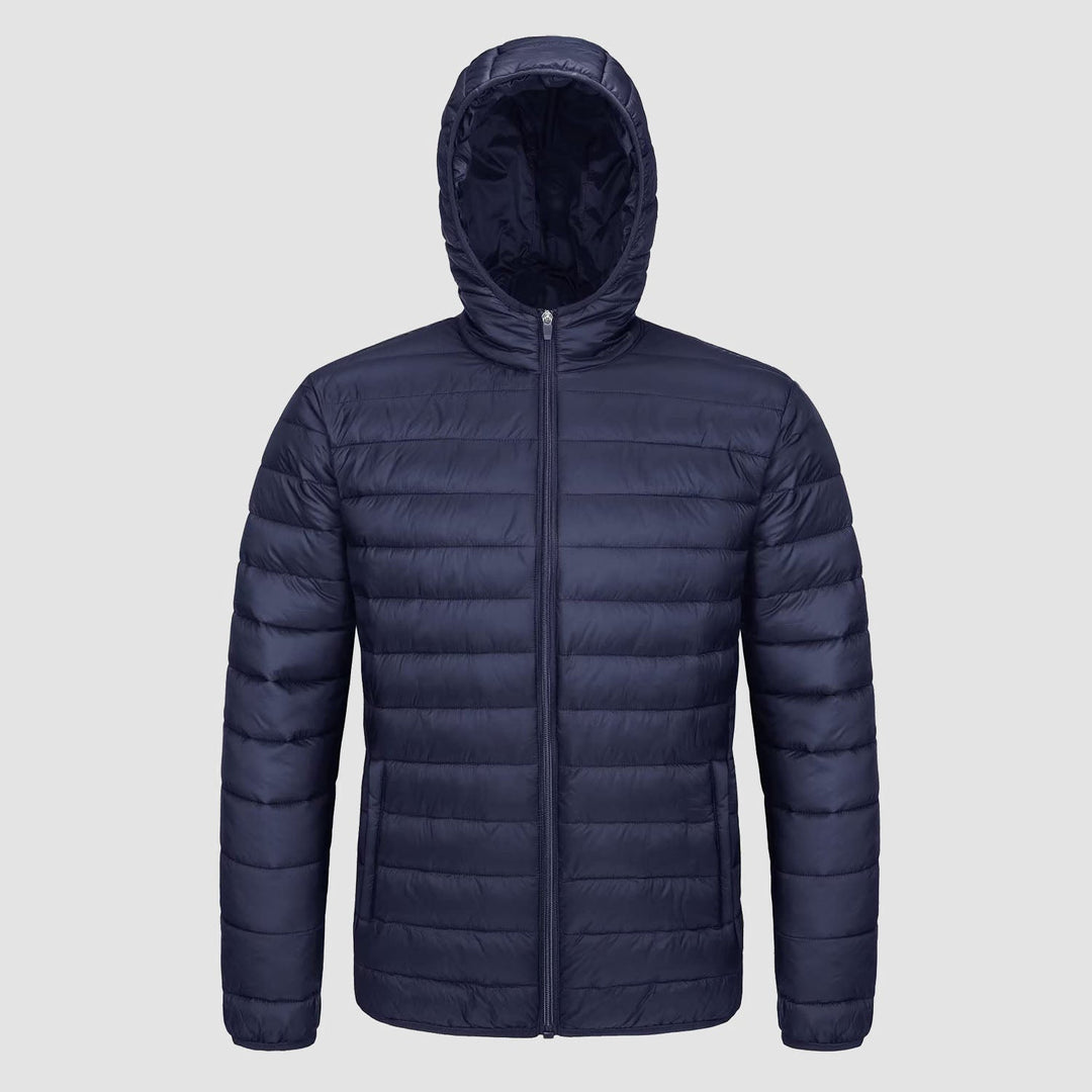 Men's hooded puffer jacket in Navy, front view