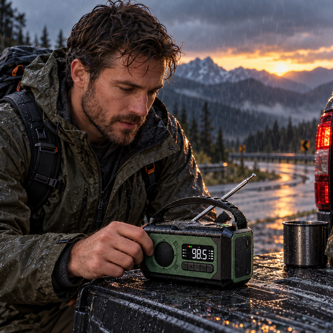 Man tuning the NOAA weather radio on a truck in the rain at dusk