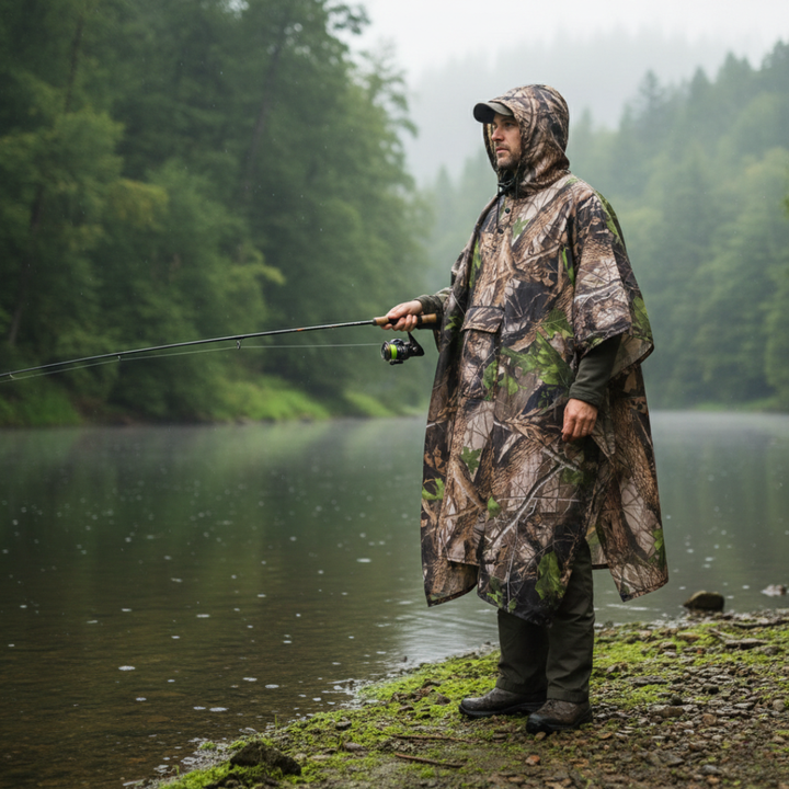 Hooded Camouflage Rain Poncho – Water-Resistant Outdoor Windbreaker
