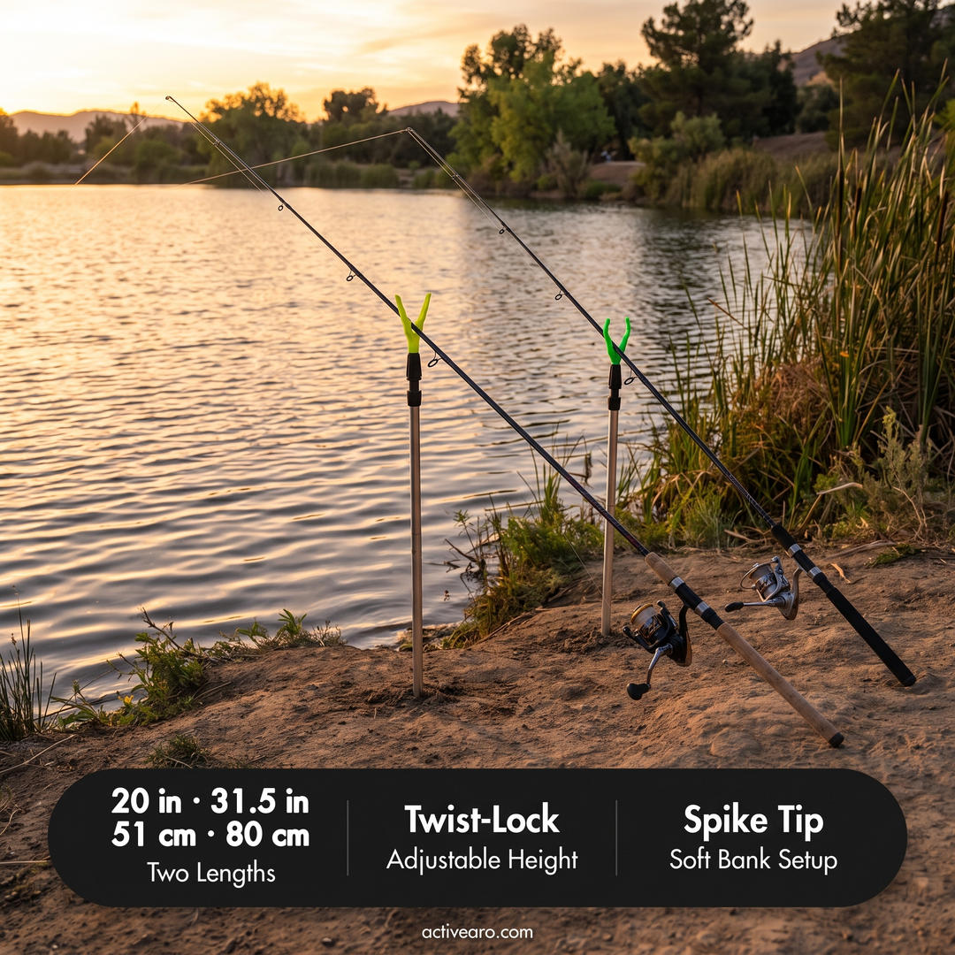 Two rods on fishing rod holders at a lake at dusk with specs