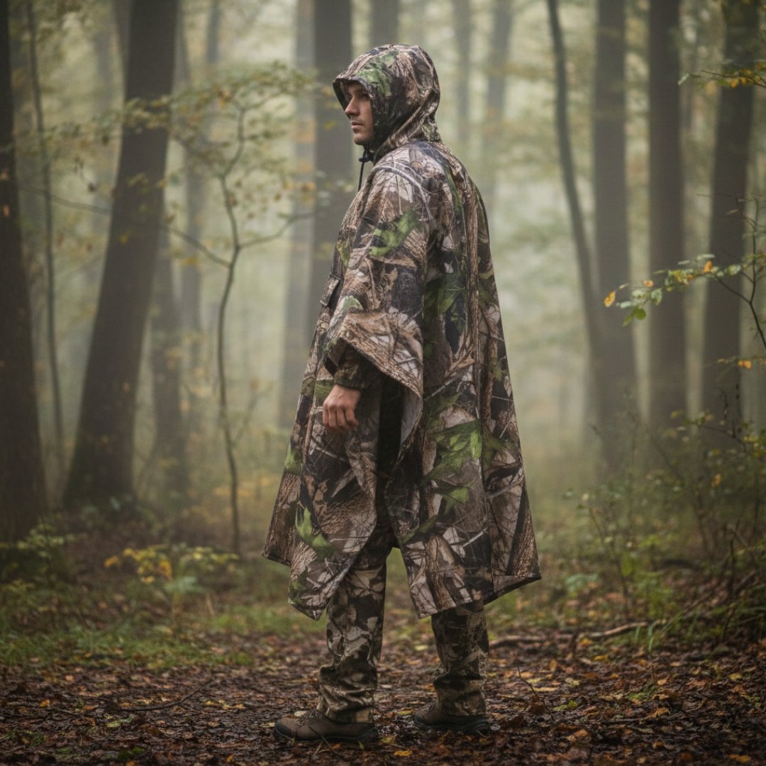Hooded Camouflage Rain Poncho – Water-Resistant Outdoor Windbreaker