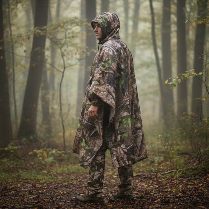 Hooded Camouflage Rain Poncho – Water-Resistant Outdoor Windbreaker