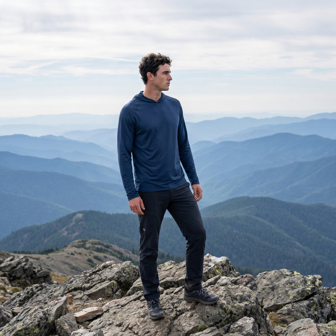 Men's UPF 50+ Sun Hoodie – Quick-Dry Polyester UV Top with Thumb Loops for Hiking and Fishing