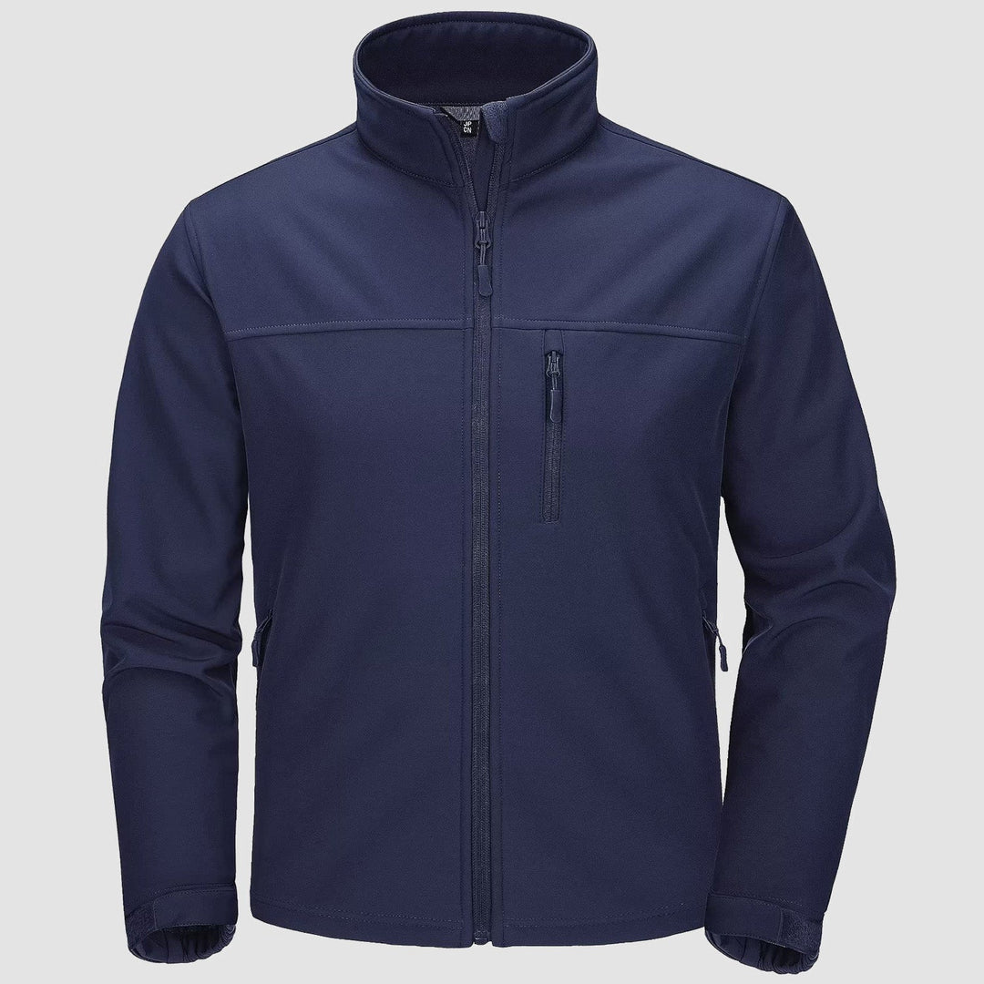 Men's fleece lined softshell jacket in Navy, front view