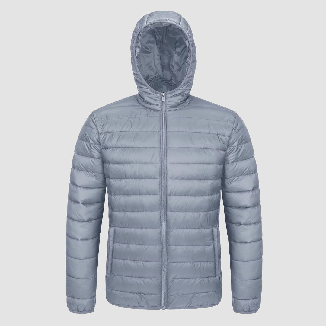 Men's hooded puffer jacket in Light Gray, front view