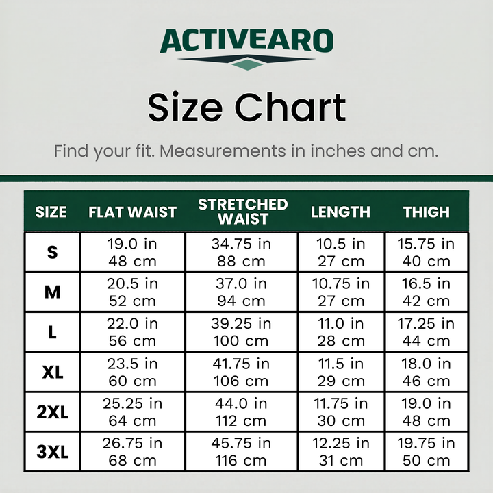 Activearo size chart in inches: flat waist, stretched waist, length and thigh, S to 3XL