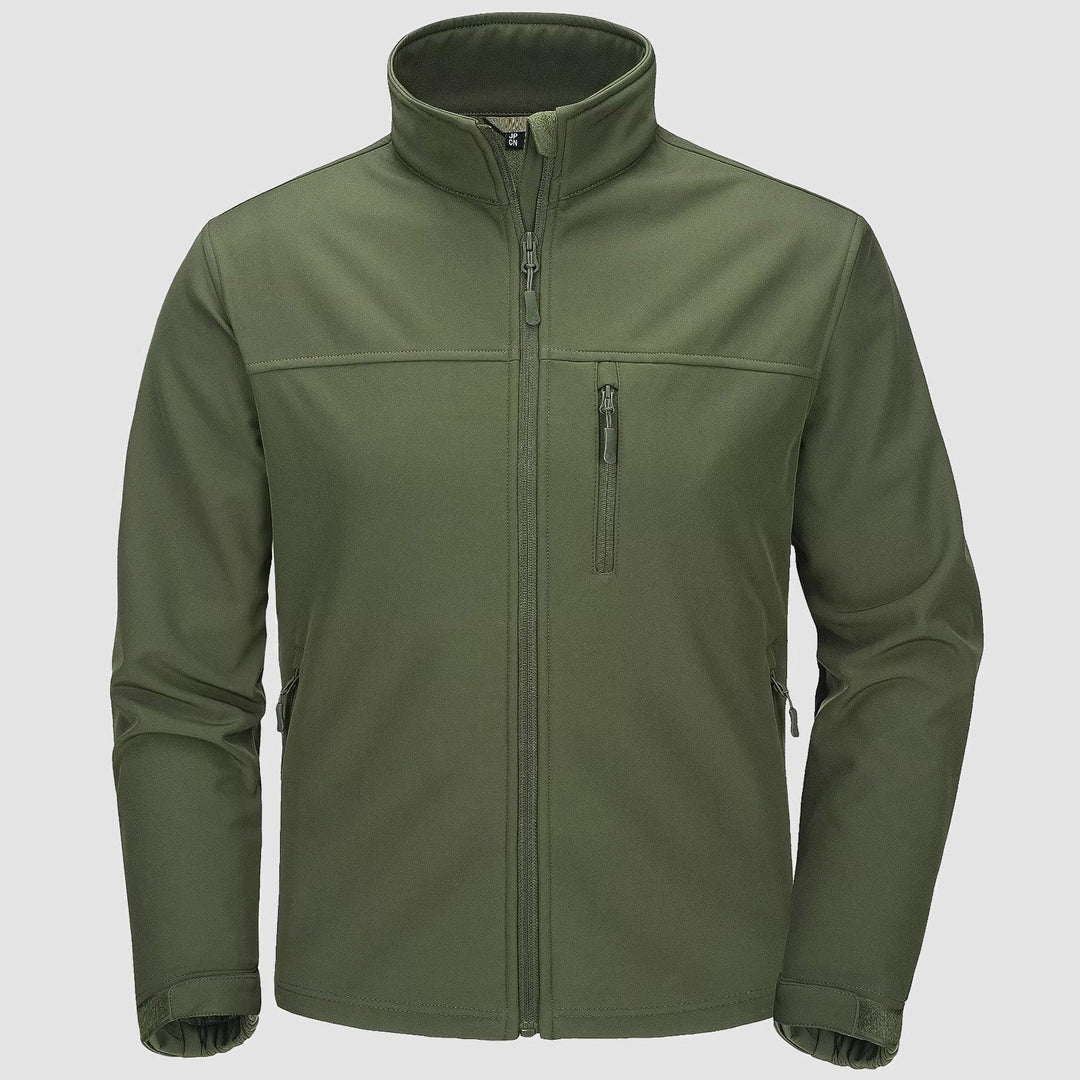 Men's fleece lined softshell jacket in Army Green, front view
