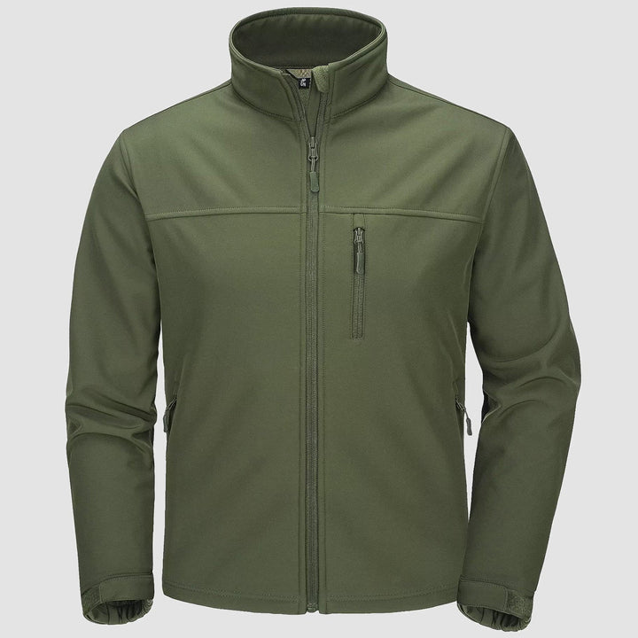 Men's fleece lined softshell jacket in Army Green, front view