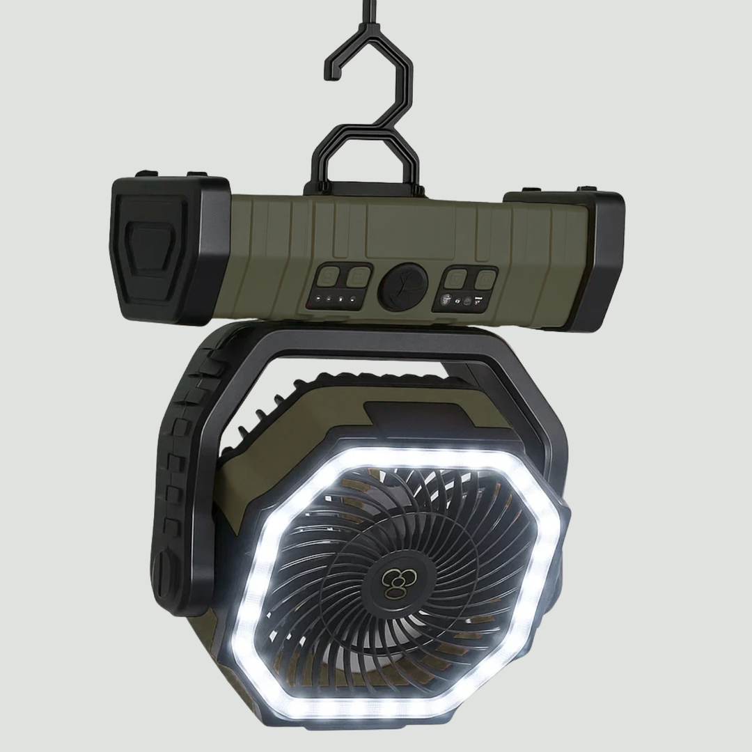 Camping Fan with Light & Power Bank – 3-in-1 Rechargeable Outdoor Fan