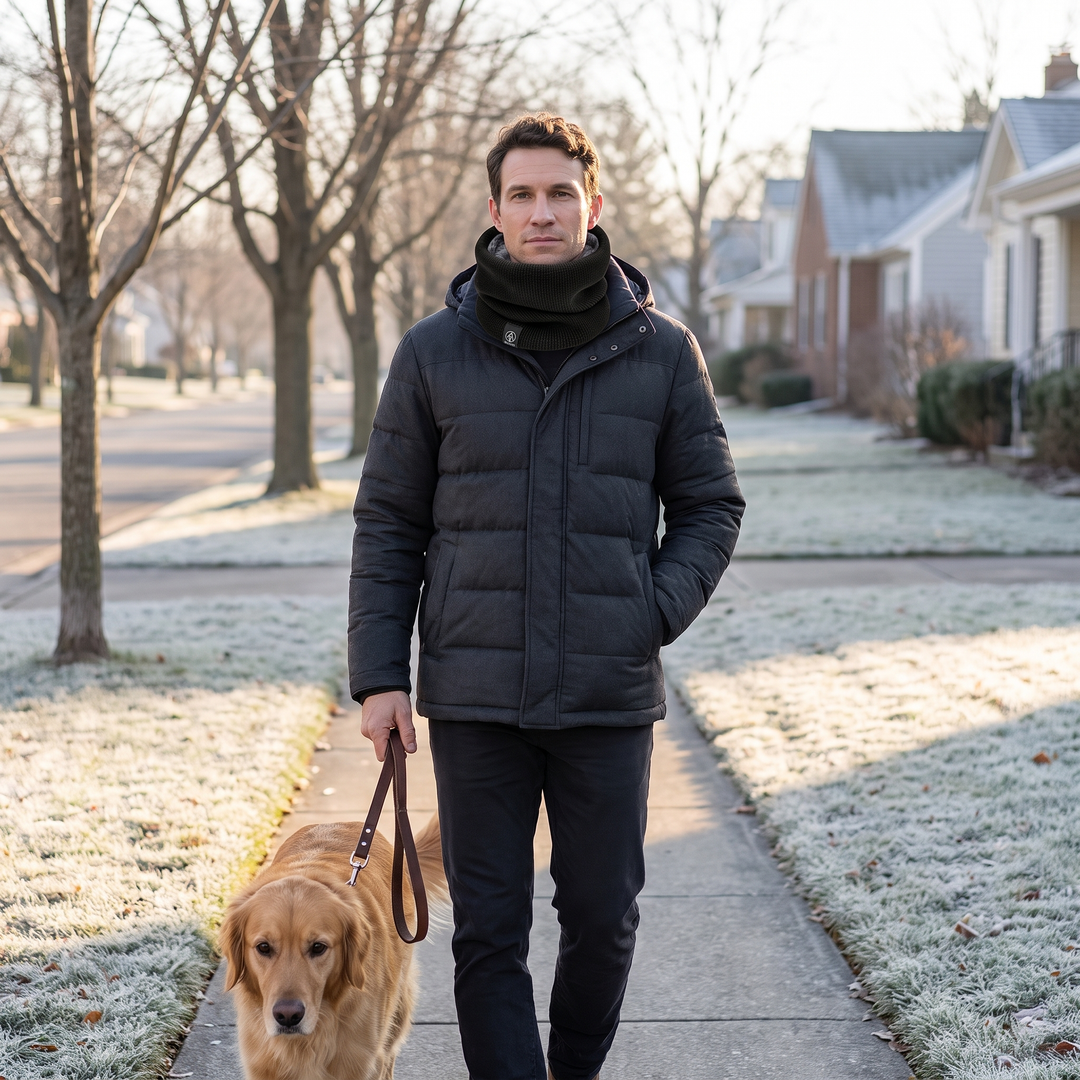 Winter scarf fleece lined knit neck warmer worn around the neck on a winter dog walk