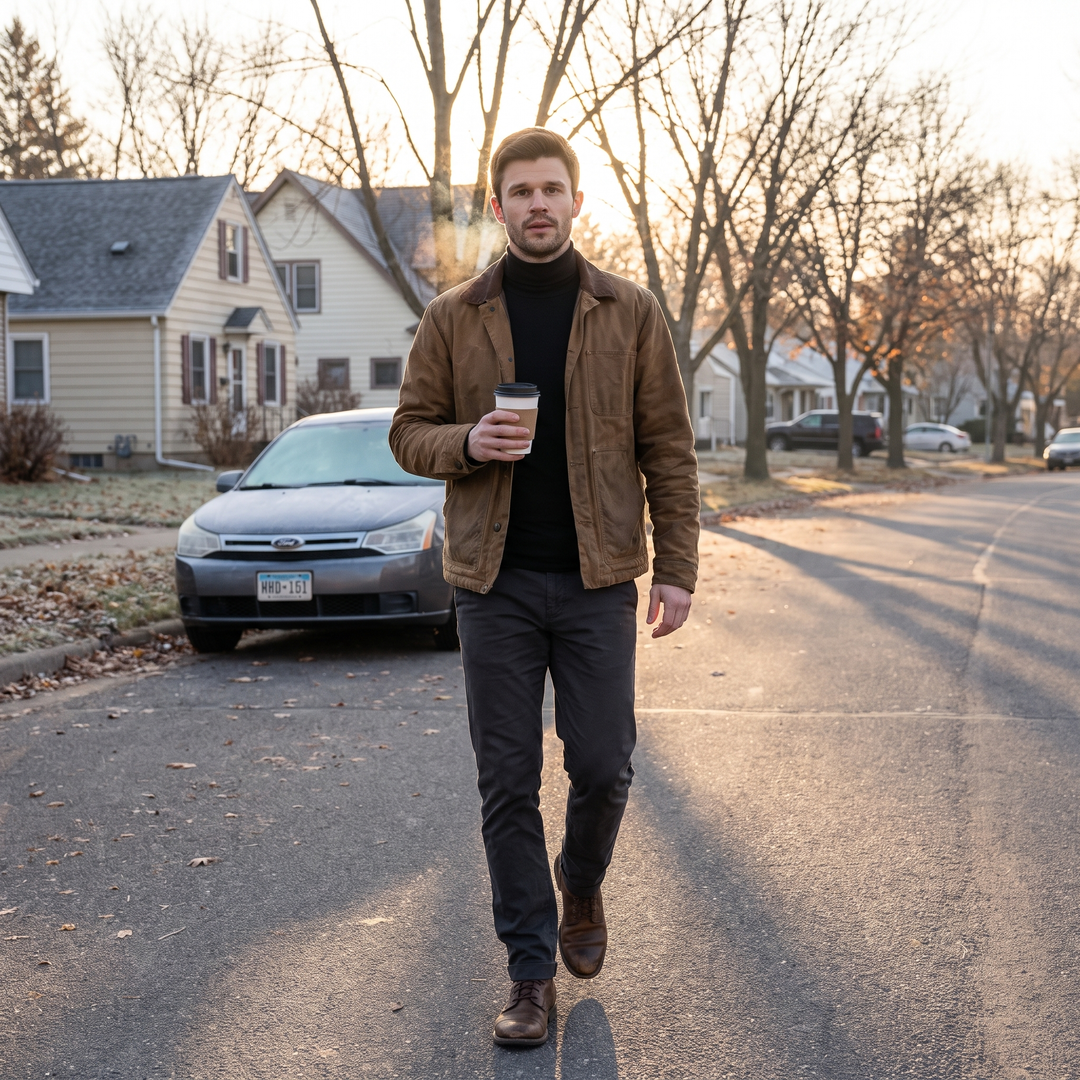 Man wearing the black turtleneck under an open work jacket on a cold morning