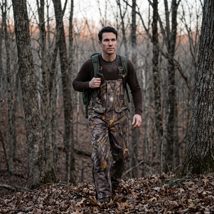 03 Hunter walking in wearing the camo bib overalls at first light