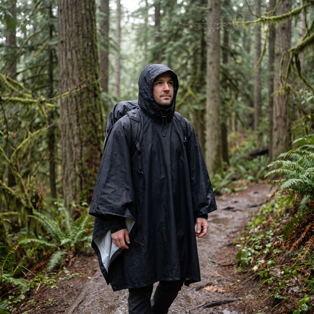 Man walking a rainy forest trail wearing the black military style poncho
