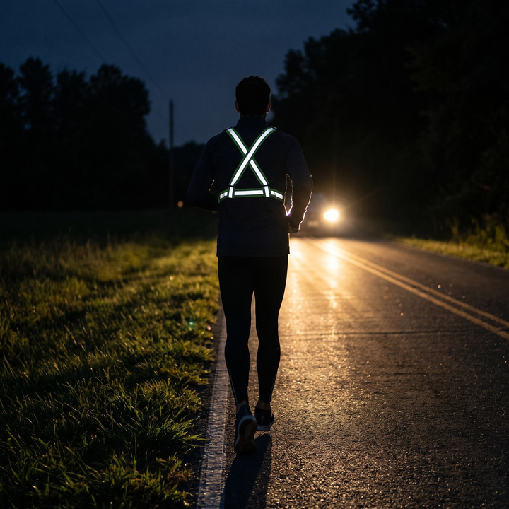 Runner on an unlit road at night, reflective vest lit by car headlights