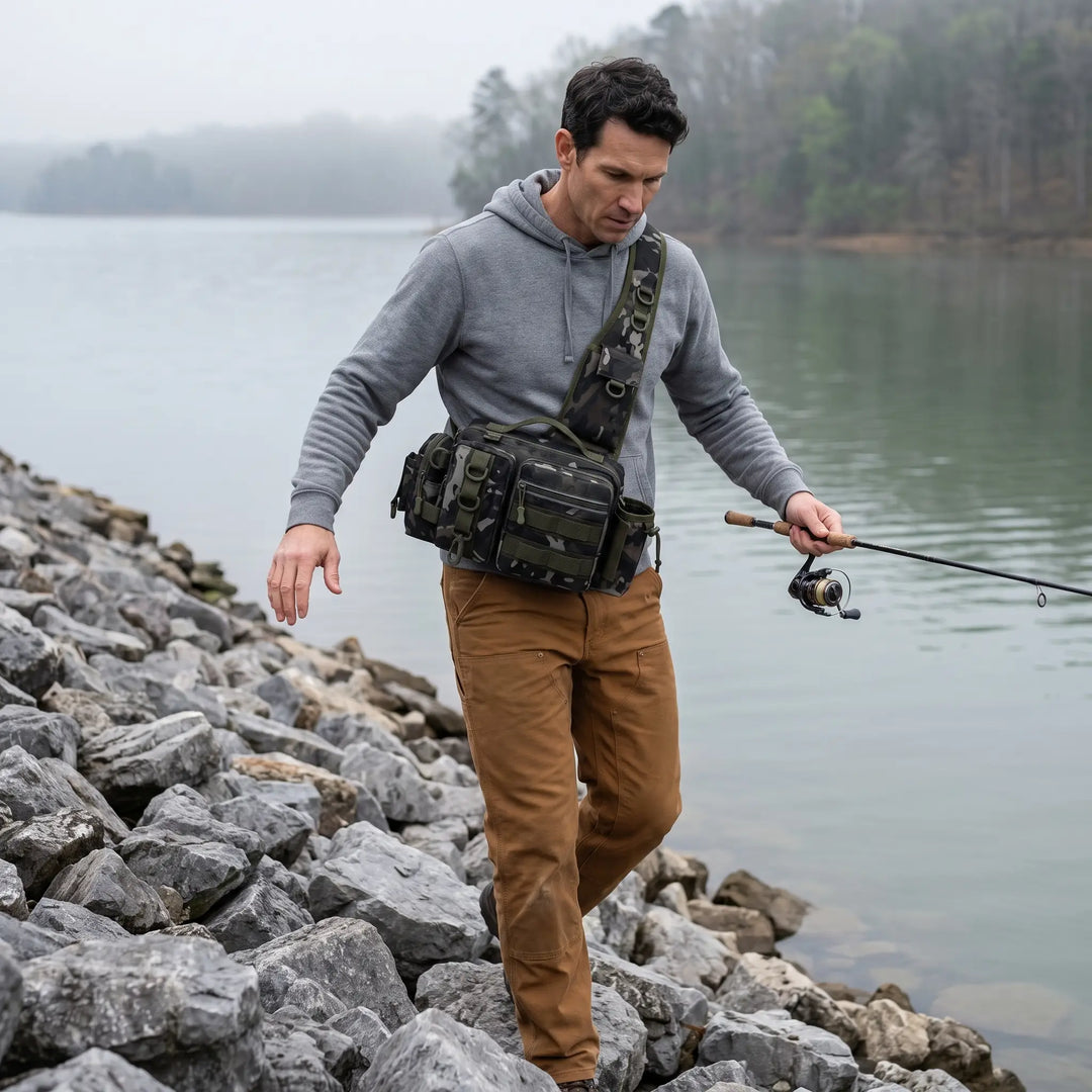 Angler wearing the Dark Camo fishing sling bag while stepping down a rocky reservoir bank