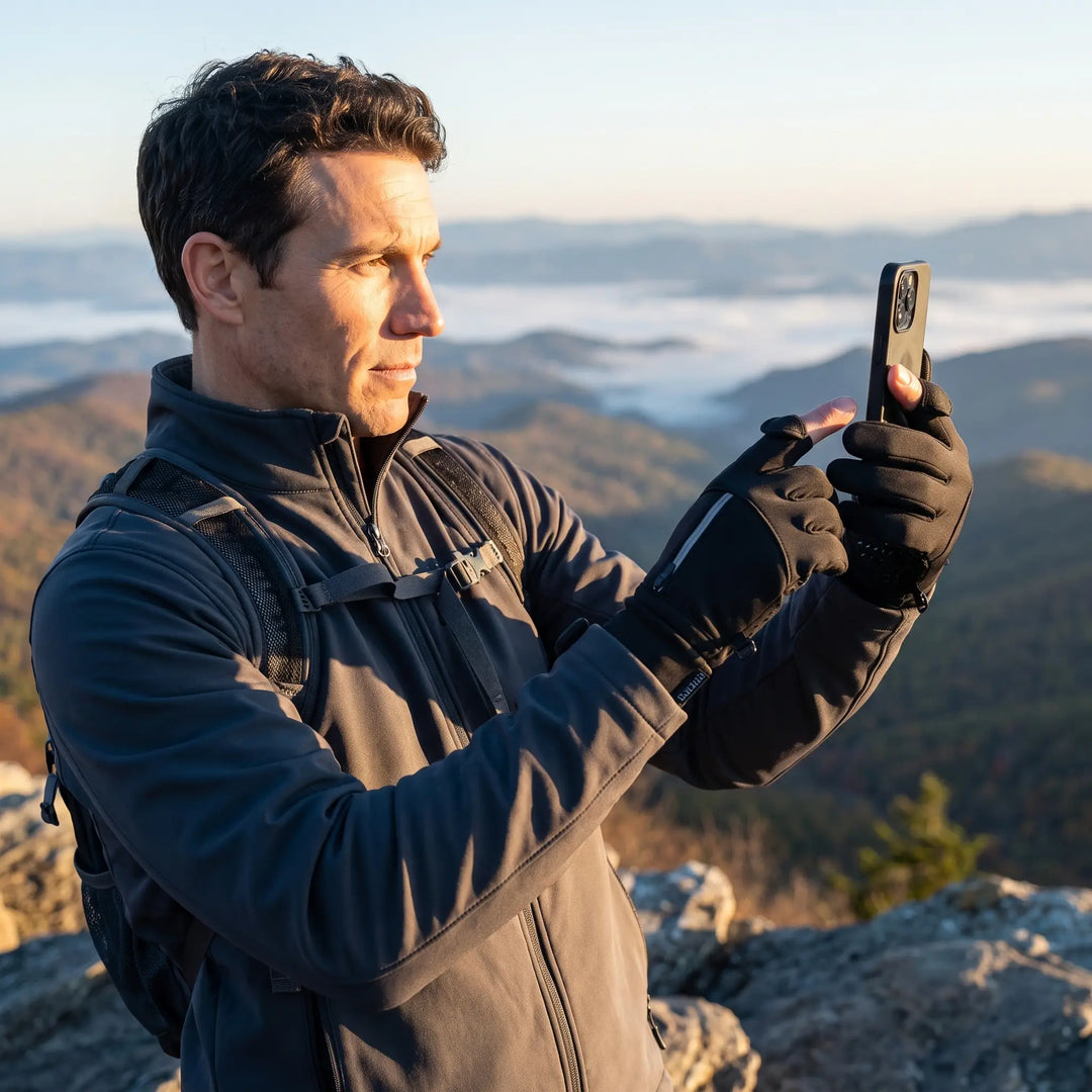 Hiker taking a phone photo at a mountain overlook at sunrise with flip finger gloves