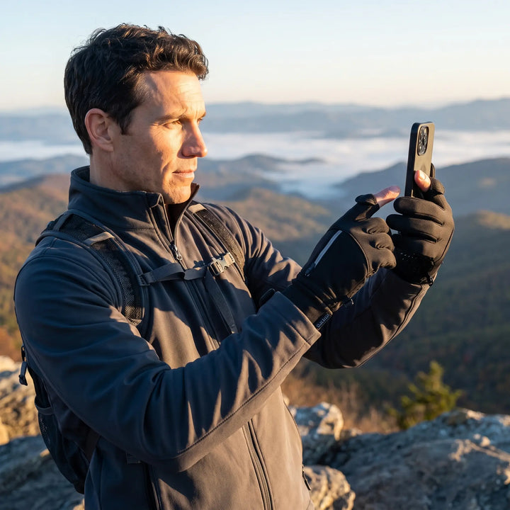 Hiker taking a phone photo at a mountain overlook at sunrise with flip finger gloves