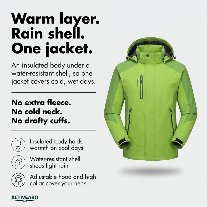 Insulated rain jacket infographic: warm layer, rain shell, one jacket