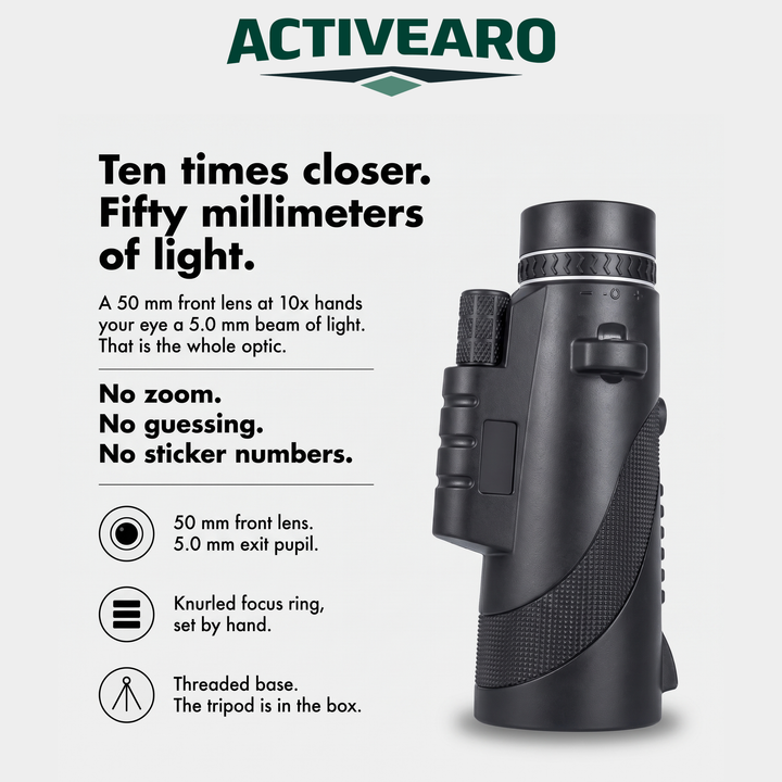 How the 10x50 monocular works: a 50 mm front lens at 10x gives a 5.0 mm exit pupil