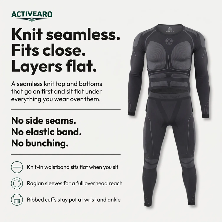 Seamless base layer set: knit seamless, fits close, layers flat