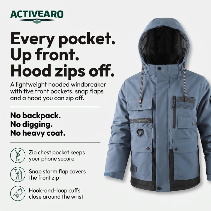 Hooded windbreaker features - five front pockets, snap storm flap, zip-off hood