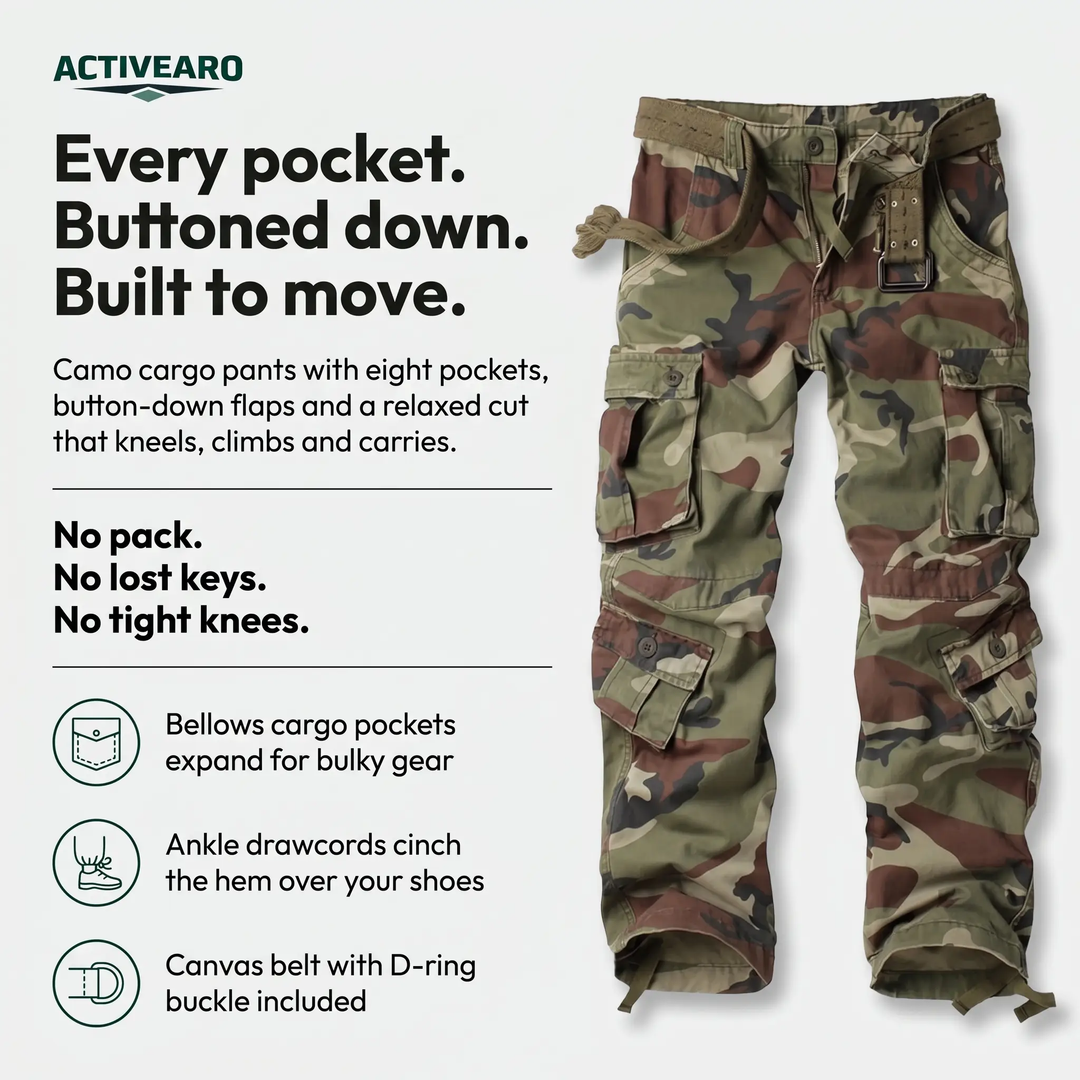 Camo cargo pants features - eight pockets, ankle drawcords, belt included