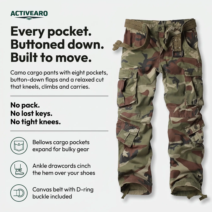 Camo cargo pants features - eight pockets, ankle drawcords, belt included