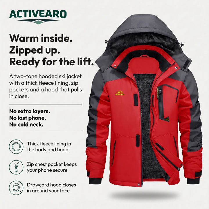 Fleece lined ski jacket features - thick lining, zip chest pocket, drawcord hood
