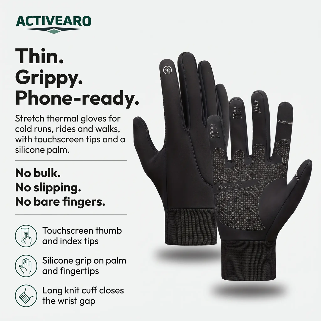 Thin grippy phone-ready thermal running gloves with touchscreen tips, silicone grip and long knit cuff