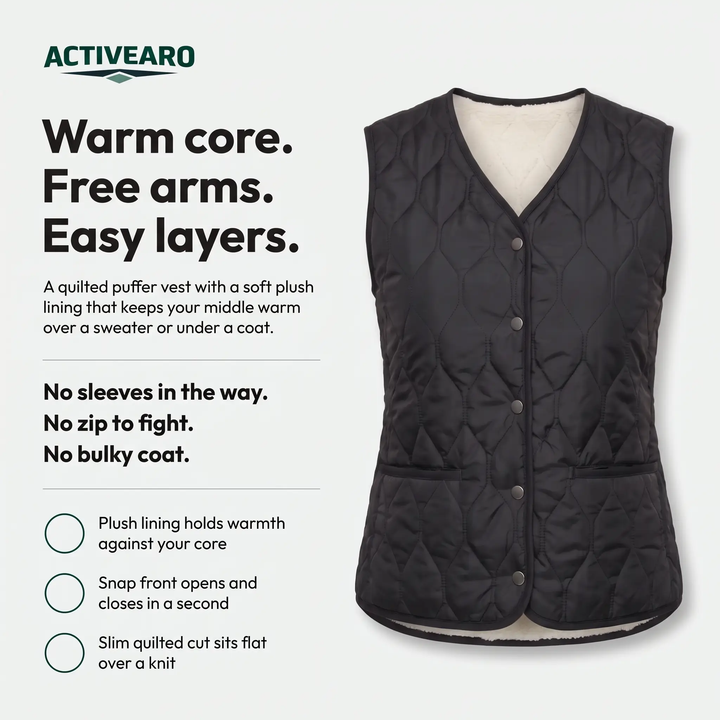 Women's puffer vest features - plush lining, snap front, slim quilted cut