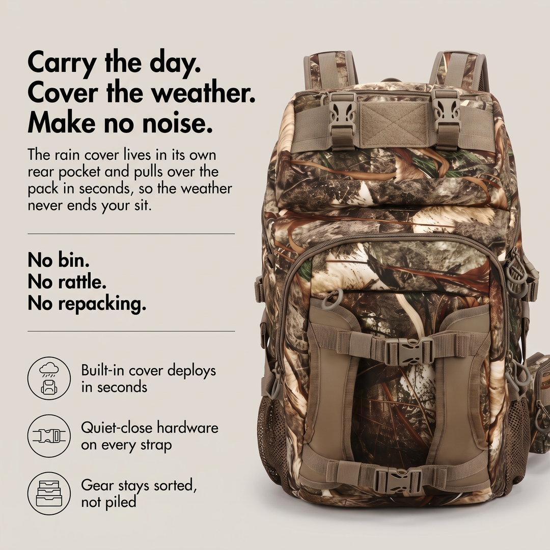 Carry the day, cover the weather, make no noise: built-in rain cover and quiet-close hardware