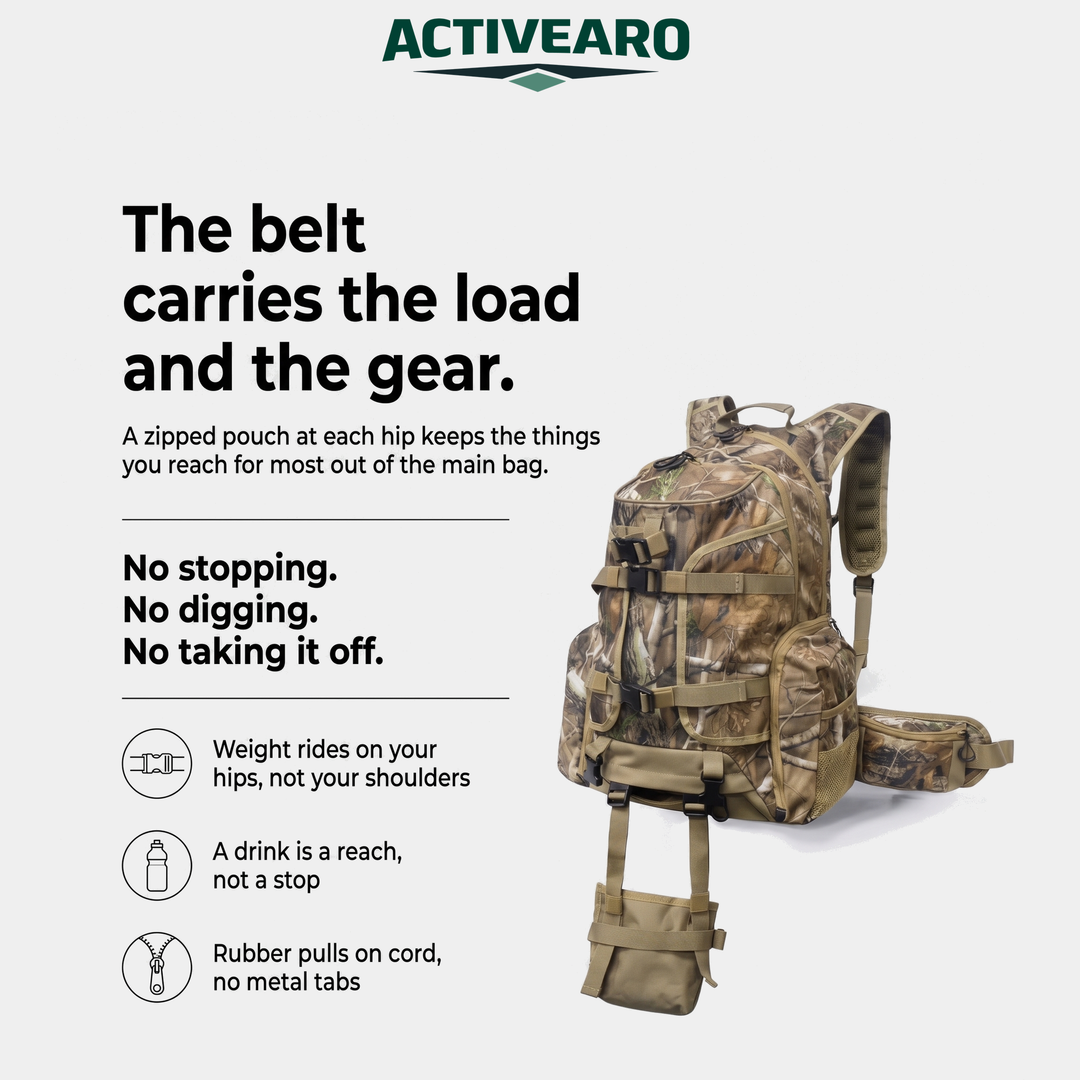 The padded hip belt carries the load and holds a zipped pouch at each hip
