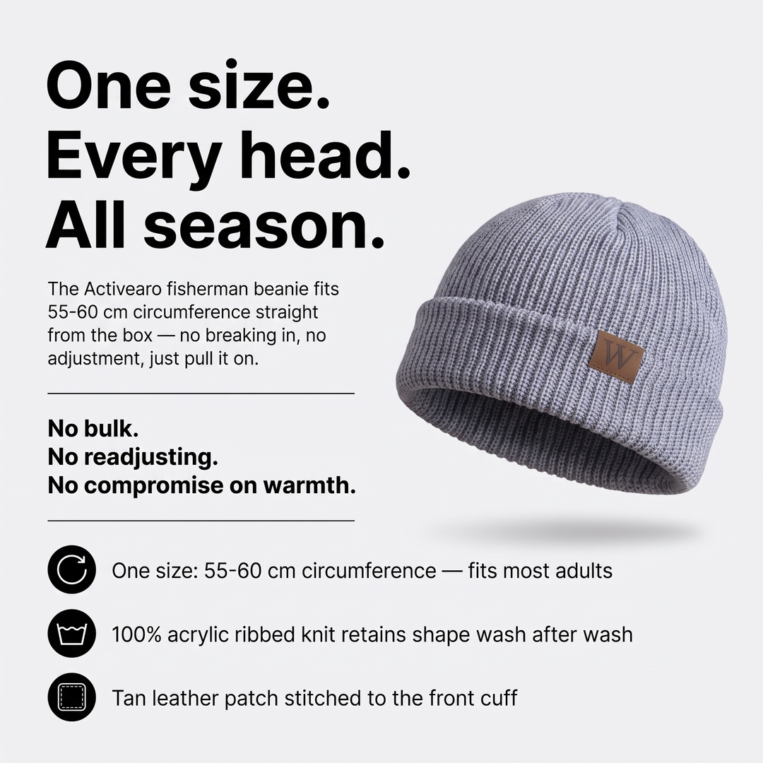Fisherman Beanie material specs - acrylic ribbed knit, genuine leather patch