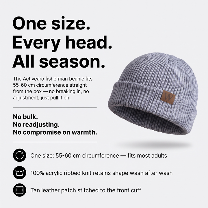 Fisherman Beanie material specs - acrylic ribbed knit, genuine leather patch