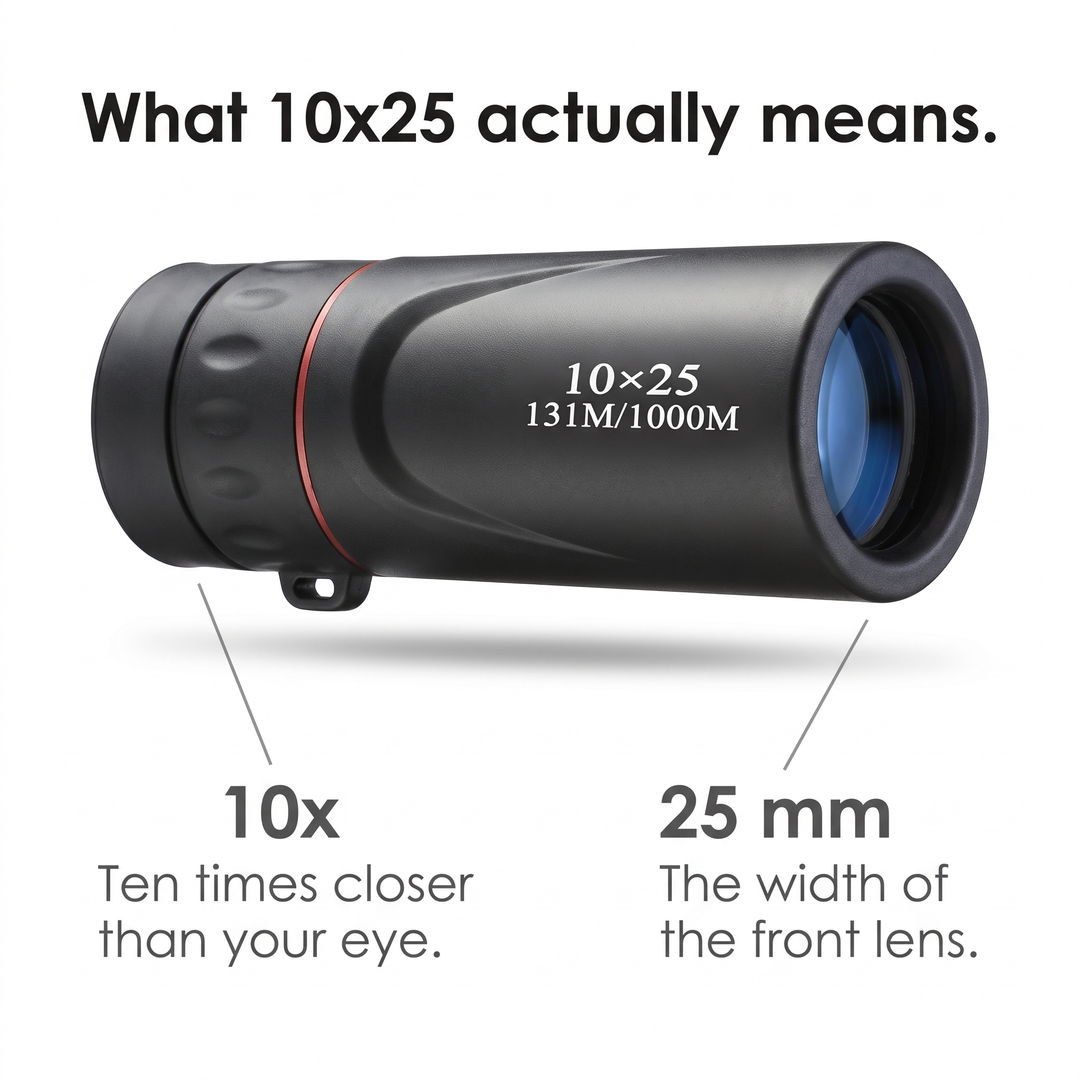 What 10x25 means, ten times closer and a 25 mm front lens