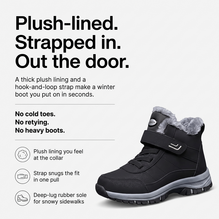 Plush lined winter boot with hook-and-loop strap and deep-lug rubber sole
