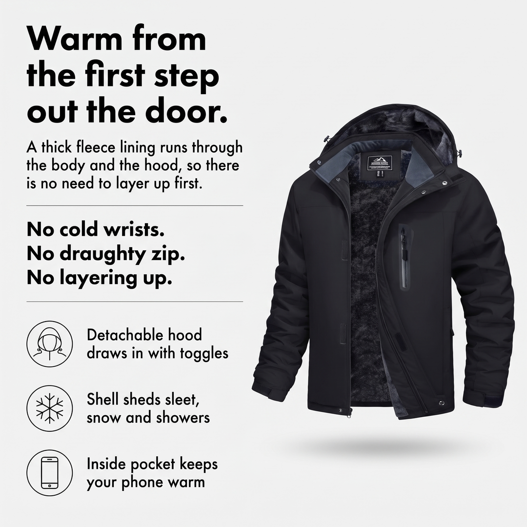 Fleece lined winter jacket infographic: warm from the first step out the door