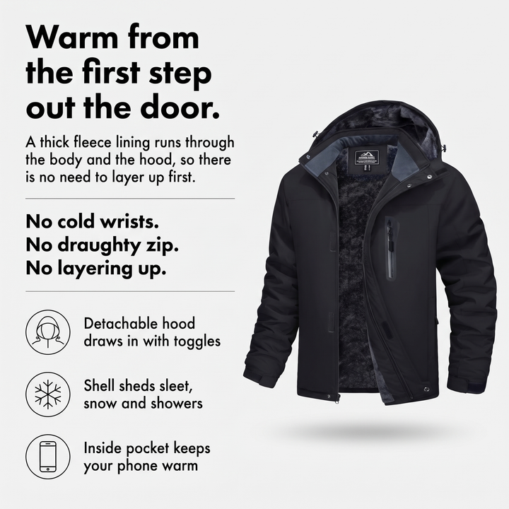 Fleece lined winter jacket infographic: warm from the first step out the door