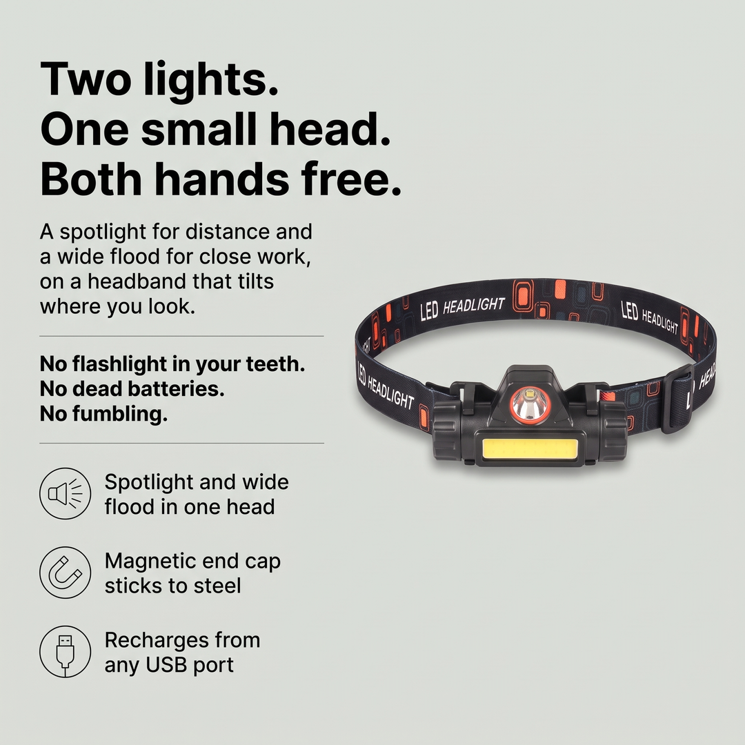 Headlamp infographic spotlight and wide flood magnetic end cap USB recharge