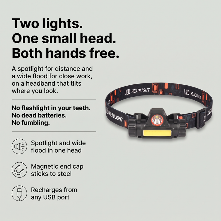 Headlamp infographic spotlight and wide flood magnetic end cap USB recharge