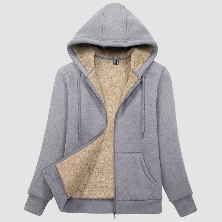 Women's sherpa lined zip up hoodie in Light Gray, front view