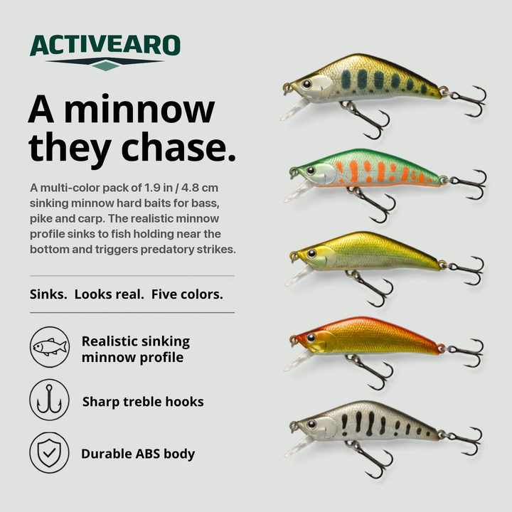 Sinking Minnow Lures - 1.9in Hard Bait Treble Hooks for Bass and Pike
