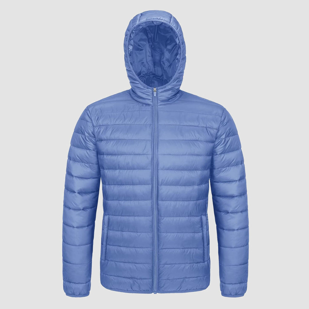 Men's hooded puffer jacket in Light Blue, front view
