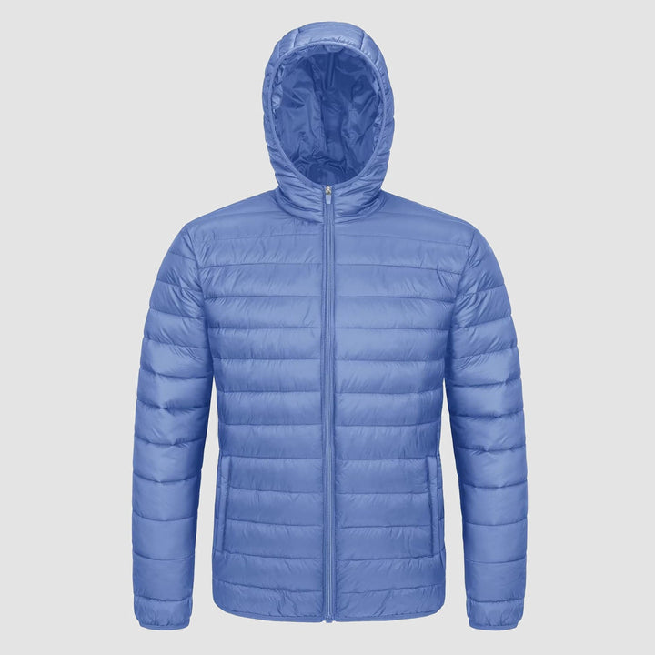 Men's hooded puffer jacket in Light Blue, front view