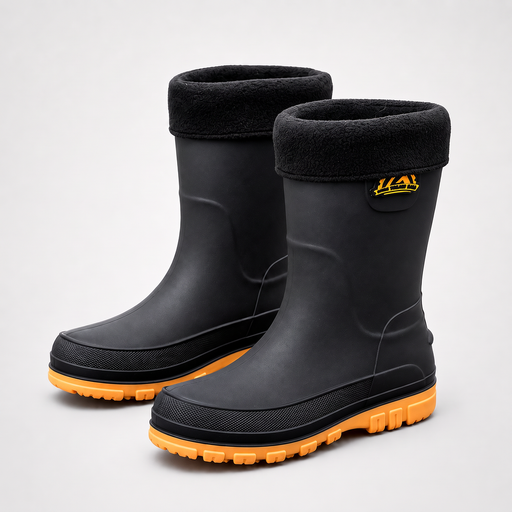 Men's fleece lined wellies in Black / Yellow, a pair on a light gray background