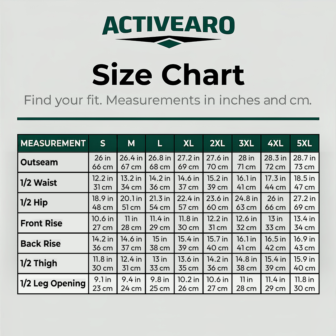 Lightweight cargo shorts size chart S to 5XL in inches
