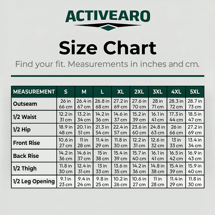 Lightweight cargo shorts size chart S to 5XL in inches