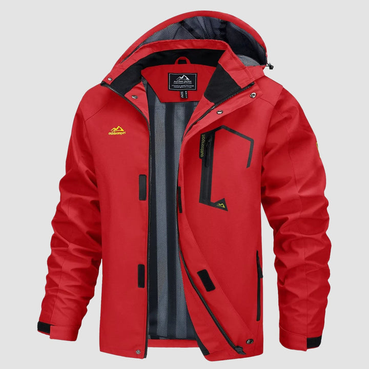 Men's rain coat in Red, front view